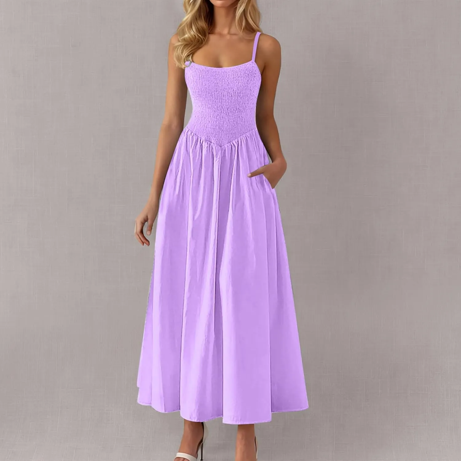 Smocked Dress Women Sleeveless Crew Neck Beach Maxi Sundresses Casual Spaghetti Strap Swing A Line Long Flowy Dress