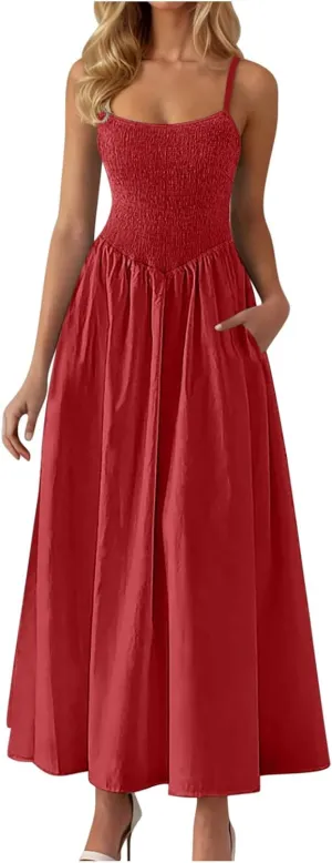 Smocked Dress Women Sleeveless Crew Neck Beach Maxi Sundresses Casual Spaghetti Strap Swing A Line Long Flowy Dress