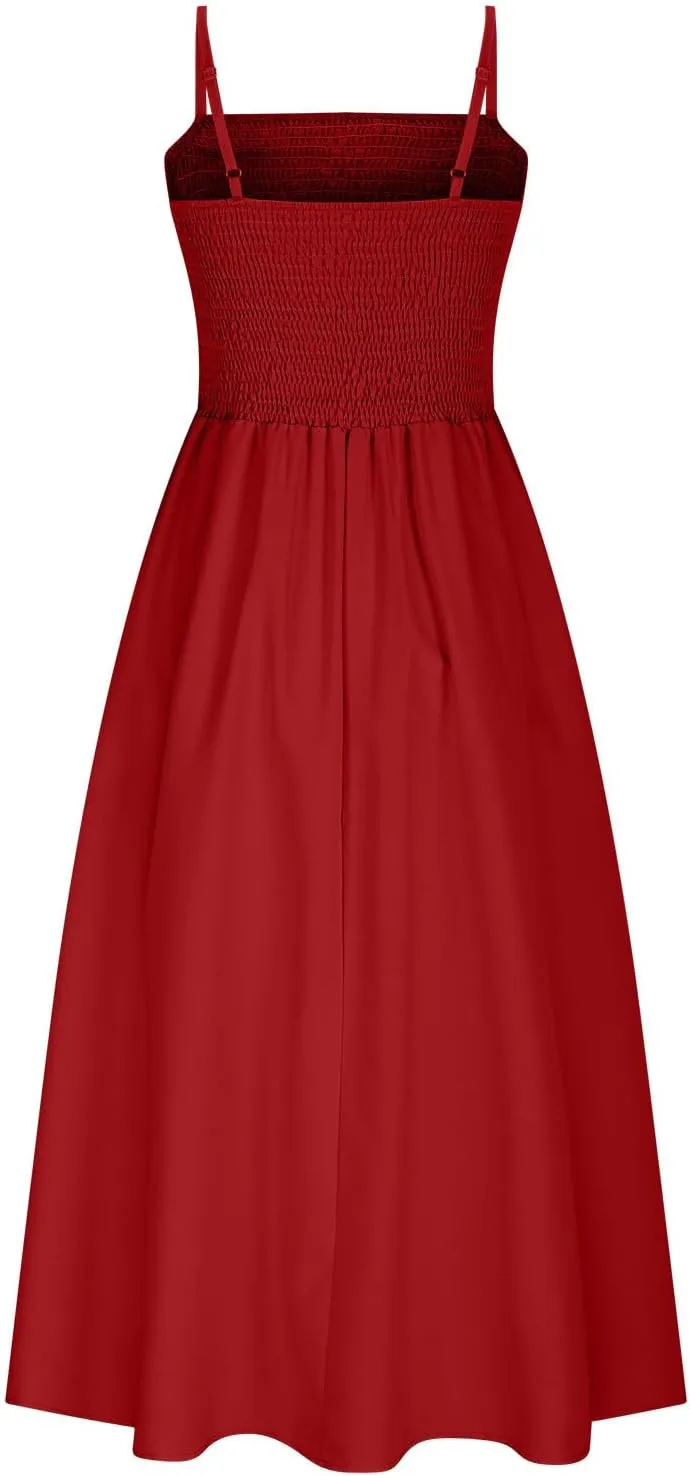 Smocked Dress Women Sleeveless Crew Neck Beach Maxi Sundresses Casual Spaghetti Strap Swing A Line Long Flowy Dress