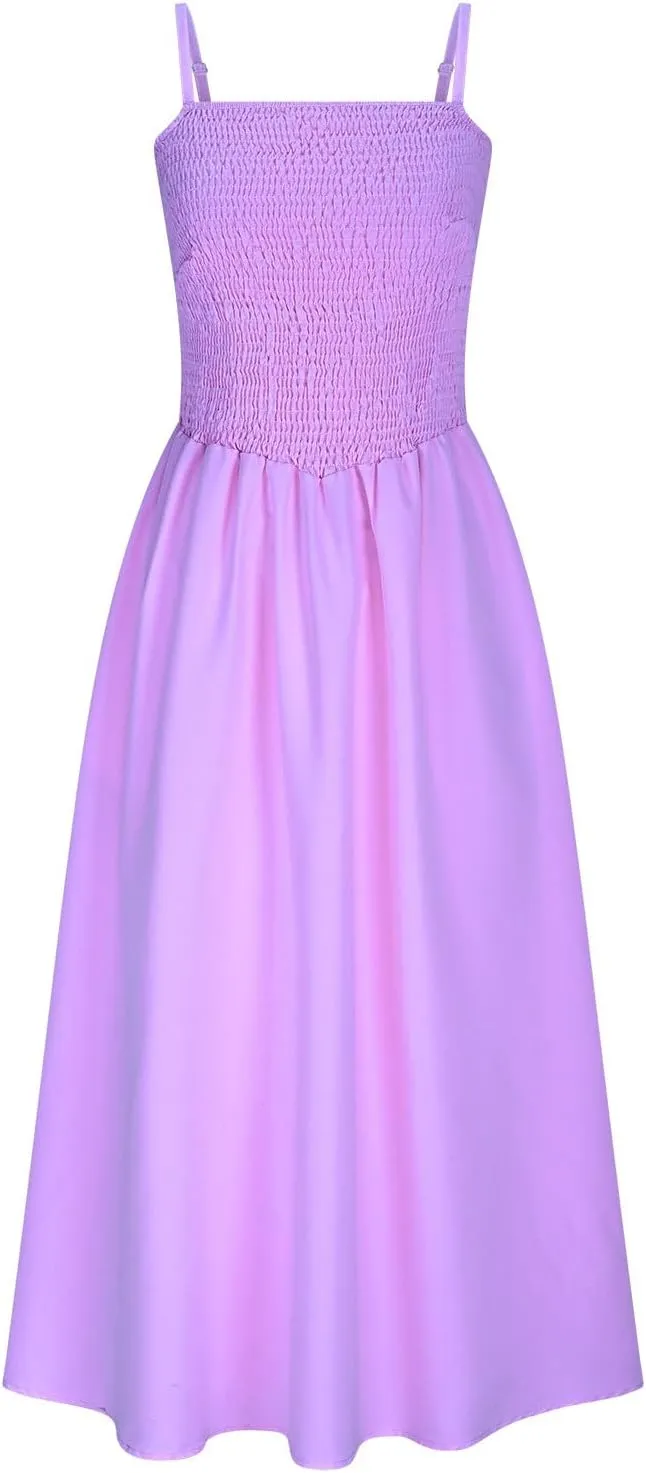 Smocked Dress Women Sleeveless Crew Neck Beach Maxi Sundresses Casual Spaghetti Strap Swing A Line Long Flowy Dress