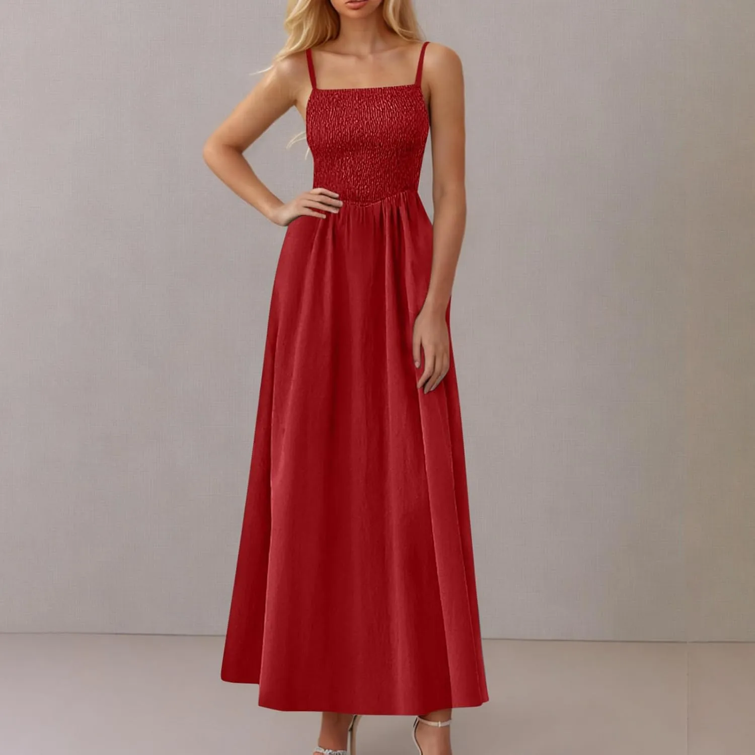 Smocked Dress Women Sleeveless Crew Neck Beach Maxi Sundresses Casual Spaghetti Strap Swing A Line Long Flowy Dress