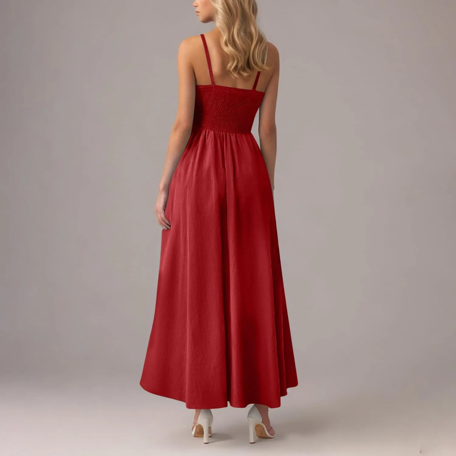 Smocked Dress Women Sleeveless Crew Neck Beach Maxi Sundresses Casual Spaghetti Strap Swing A Line Long Flowy Dress