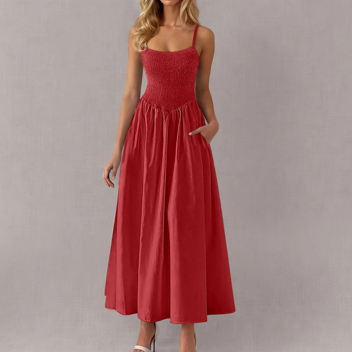 Smocked Dress Women Sleeveless Crew Neck Beach Maxi Sundresses Casual Spaghetti Strap Swing A Line Long Flowy Dress