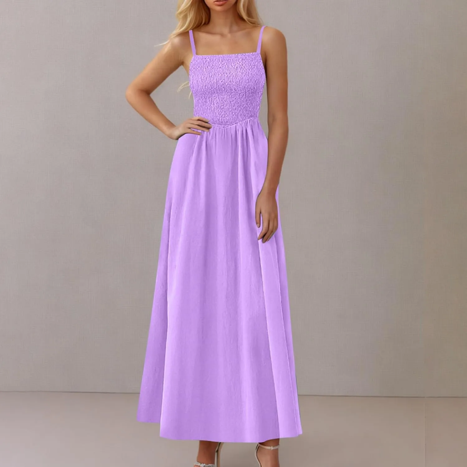 Smocked Dress Women Sleeveless Crew Neck Beach Maxi Sundresses Casual Spaghetti Strap Swing A Line Long Flowy Dress