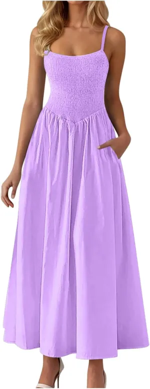 Smocked Dress Women Sleeveless Crew Neck Beach Maxi Sundresses Casual Spaghetti Strap Swing A Line Long Flowy Dress