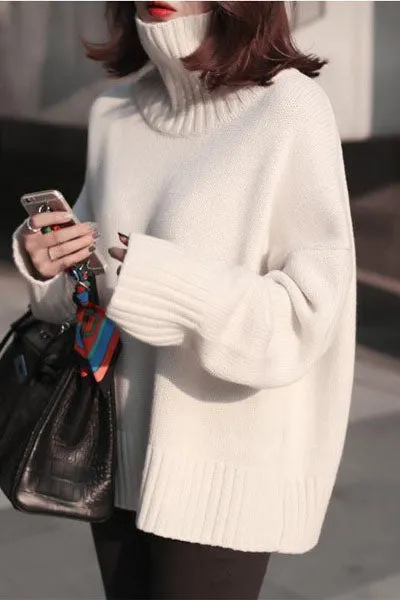 Solid Color Loose High Neck Knit Pullover Sweater
