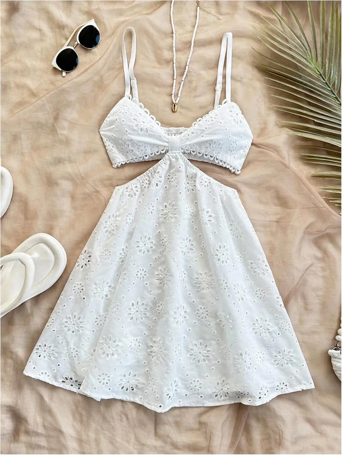 SOLY HUX Women's Sundresses Hollow Out Lace Summer Flowy Cami Dress Going Out Beach Mini Dresses