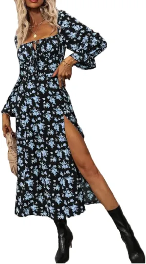 Spevert Women's Floral Print A-Line Midi Dress Long Sleeves Square Neck Tie Front Ruffle Hem Split Boho Beach Dresses