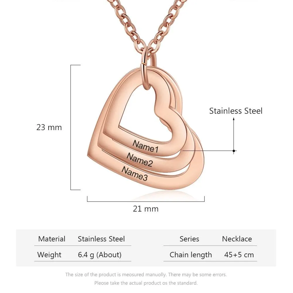 Stylish Heart Pendant Necklace for Women, Personalized 3 Name Engravings, Stainless Steel Jewellery for Women
