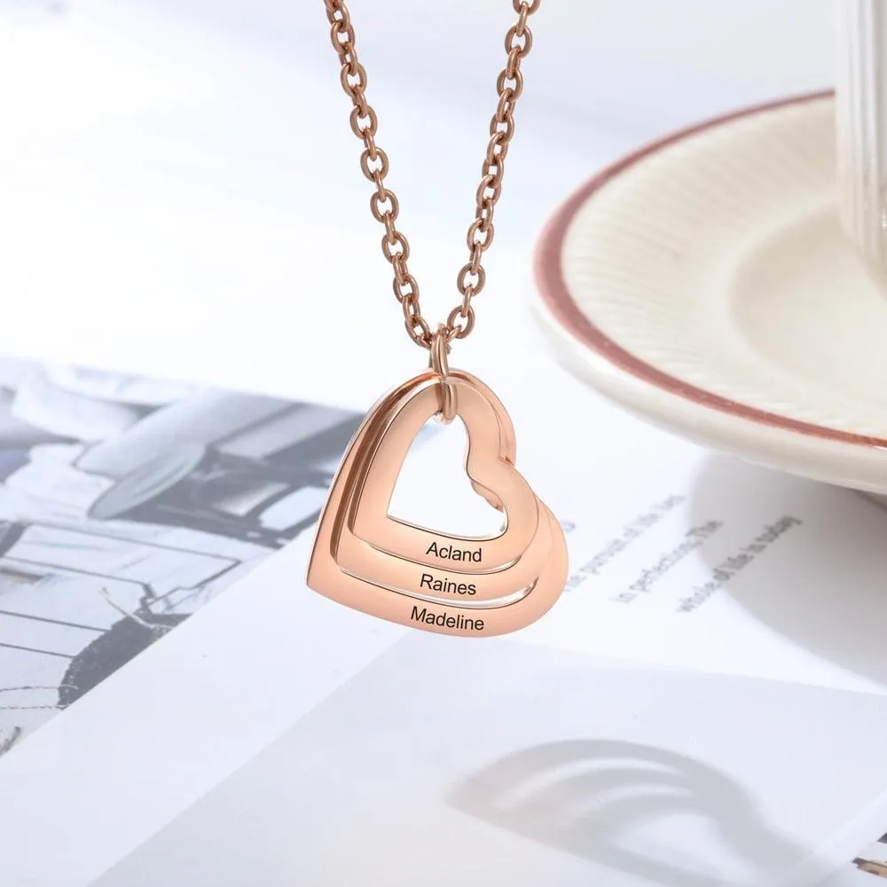 Stylish Heart Pendant Necklace for Women, Personalized 3 Name Engravings, Stainless Steel Jewellery for Women