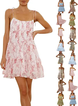 Summer Boho Mini Dresses for Women 2025 Casual Floral Short Chiffon Dress Pleated Flowy Tiered Ruffle Dress Sundresses
