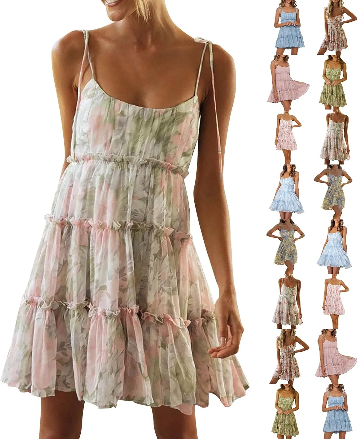 Summer Boho Mini Dresses for Women 2025 Casual Floral Short Chiffon Dress Pleated Flowy Tiered Ruffle Dress Sundresses