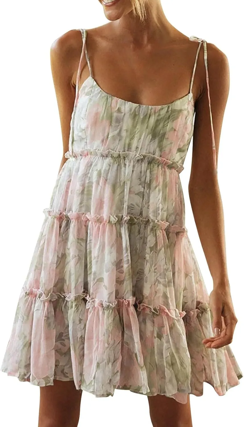 Summer Boho Mini Dresses for Women 2025 Casual Floral Short Chiffon Dress Pleated Flowy Tiered Ruffle Dress Sundresses