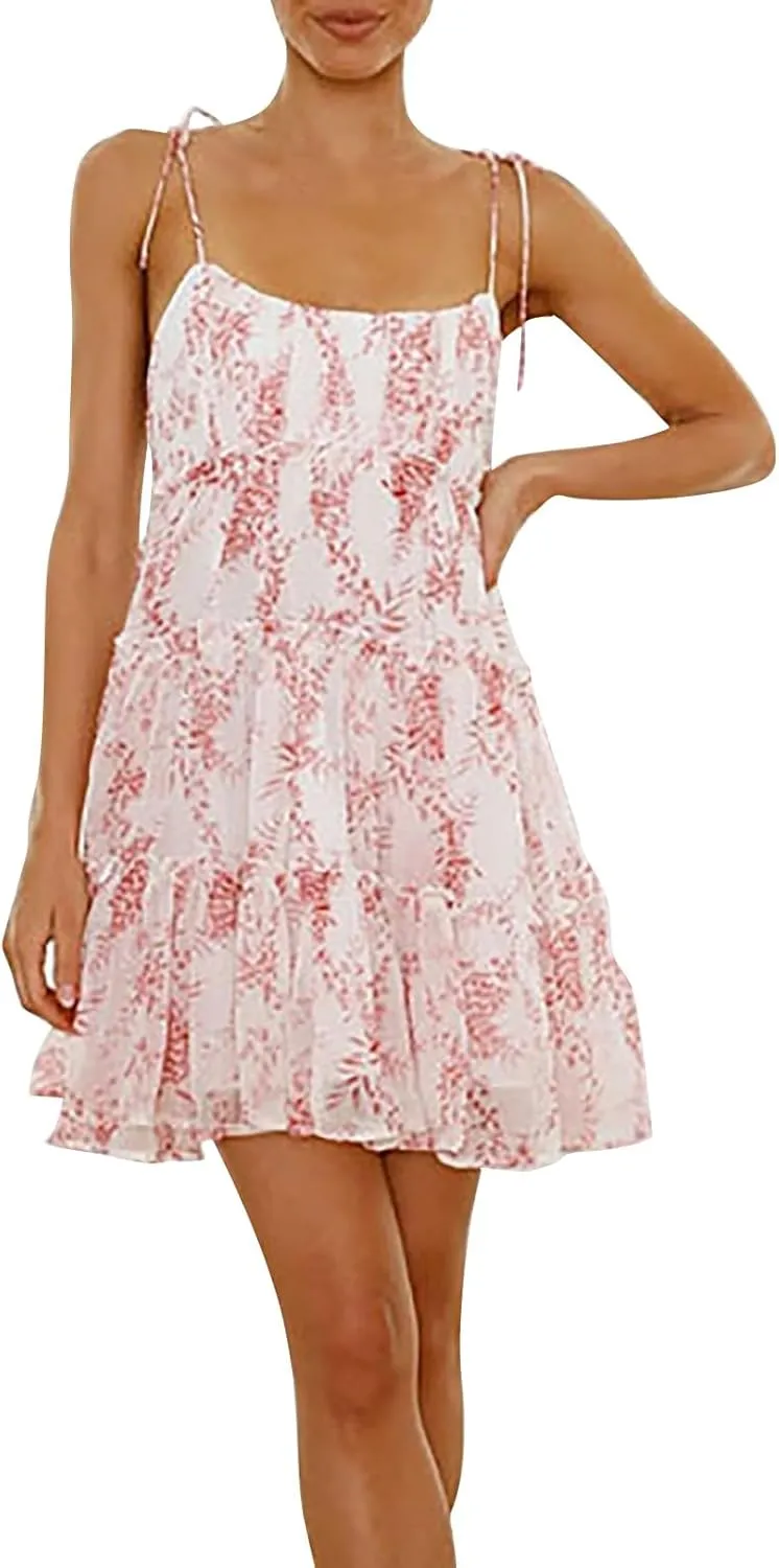 Summer Boho Mini Dresses for Women 2025 Casual Floral Short Chiffon Dress Pleated Flowy Tiered Ruffle Dress Sundresses