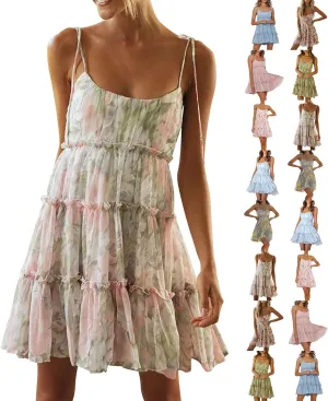 Summer Boho Mini Dresses for Women 2025 Casual Floral Short Chiffon Dress Pleated Flowy Tiered Ruffle Dress Sundresses