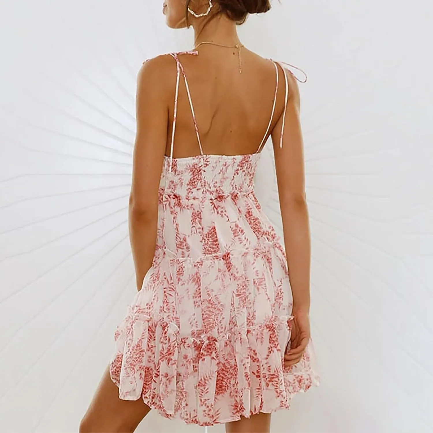 Summer Boho Mini Dresses for Women 2025 Casual Floral Short Chiffon Dress Pleated Flowy Tiered Ruffle Dress Sundresses
