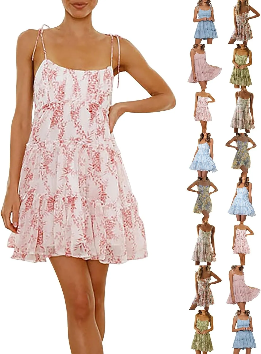 Summer Boho Mini Dresses for Women 2025 Casual Floral Short Chiffon Dress Pleated Flowy Tiered Ruffle Dress Sundresses