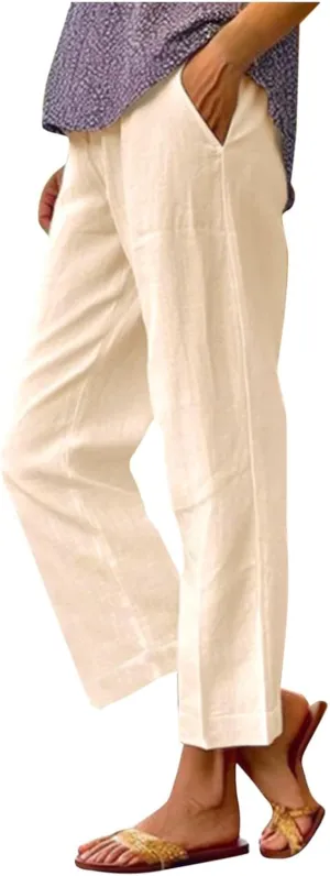 Summer Casual Pants for Women Wide Leg Trousers Elastic Waist Lightweight Linen Blend High Waist Design Cozy