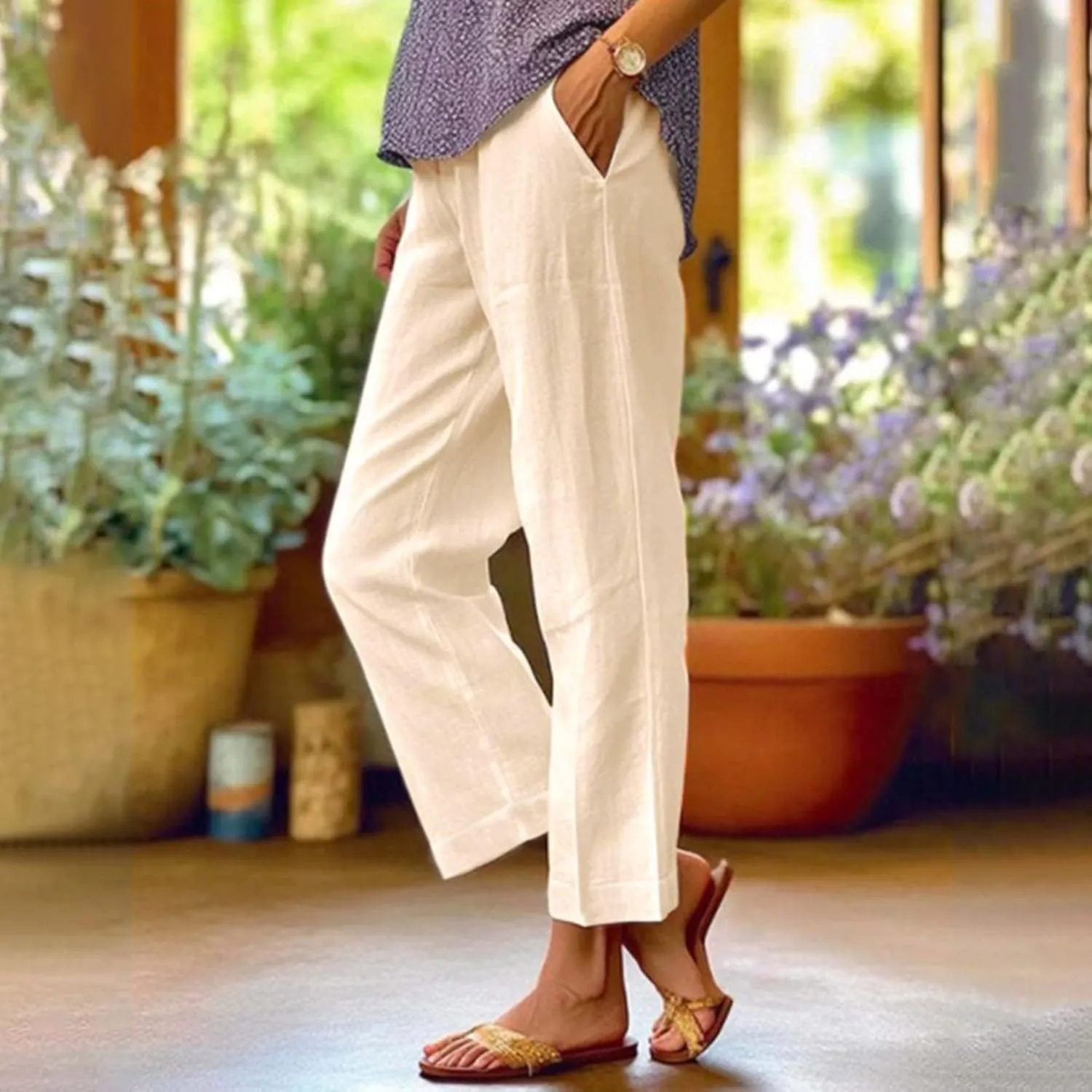 Summer Casual Pants for Women Wide Leg Trousers Elastic Waist Lightweight Linen Blend High Waist Design Cozy