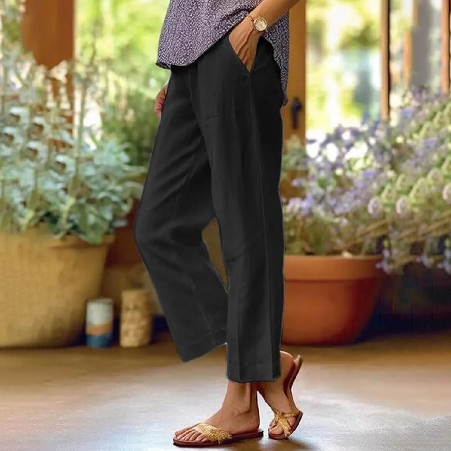 Summer Casual Pants for Women Wide Leg Trousers Elastic Waist Lightweight Linen Blend High Waist Design Cozy
