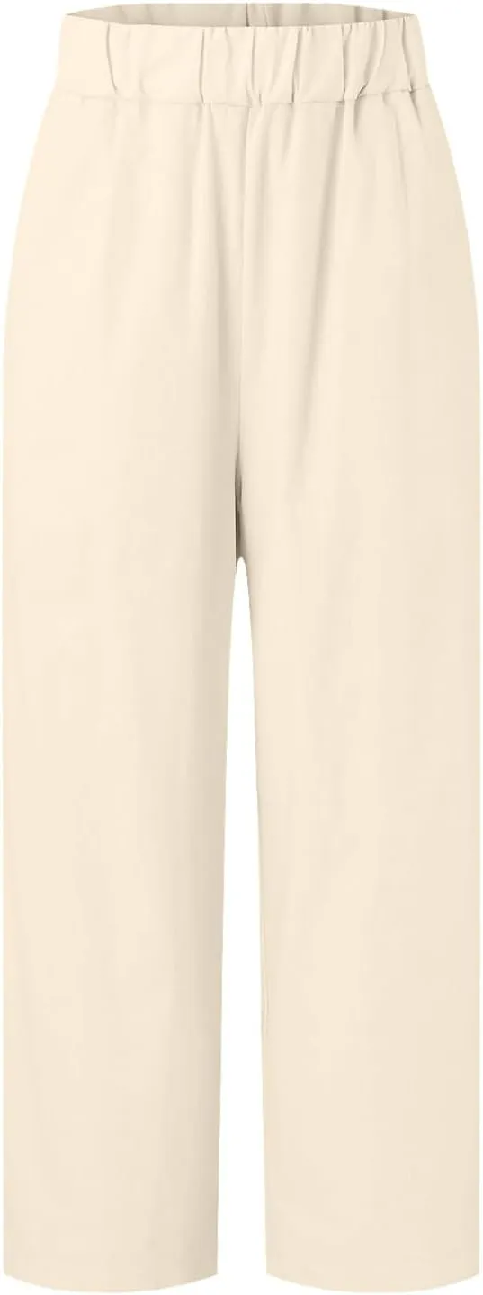 Summer Casual Pants for Women Wide Leg Trousers Elastic Waist Lightweight Linen Blend High Waist Design Cozy
