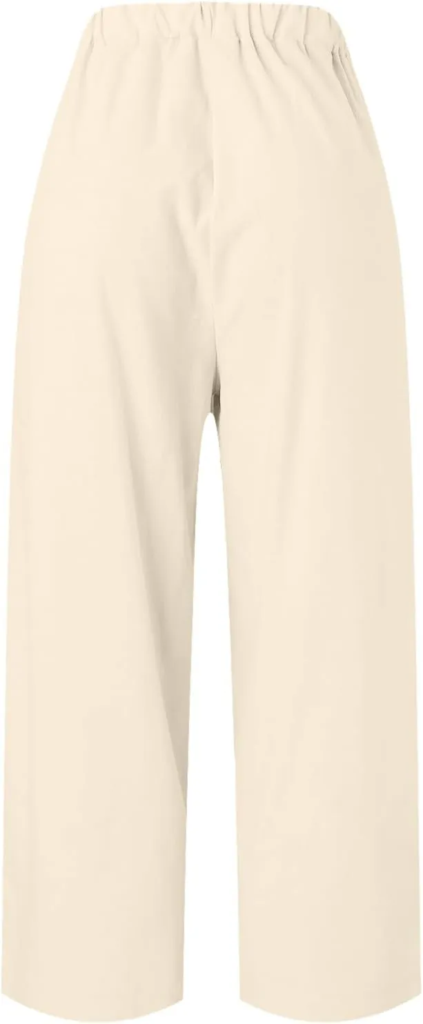 Summer Casual Pants for Women Wide Leg Trousers Elastic Waist Lightweight Linen Blend High Waist Design Cozy