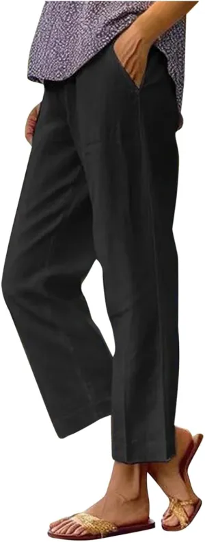 Summer Casual Pants for Women Wide Leg Trousers Elastic Waist Lightweight Linen Blend High Waist Design Cozy