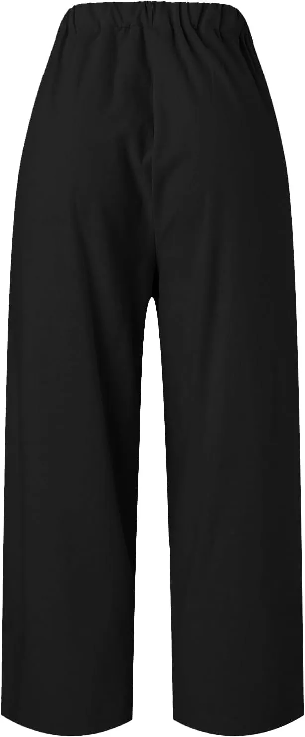 Summer Casual Pants for Women Wide Leg Trousers Elastic Waist Lightweight Linen Blend High Waist Design Cozy