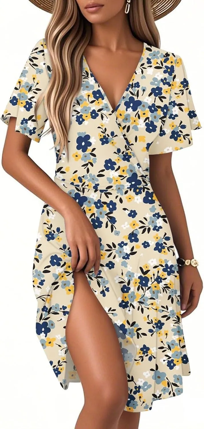 Summer Dress for Women Short Sleeve Warp V Neck Boho Floral Print Casual Ruffled A-Line Flowy Midi Sundress