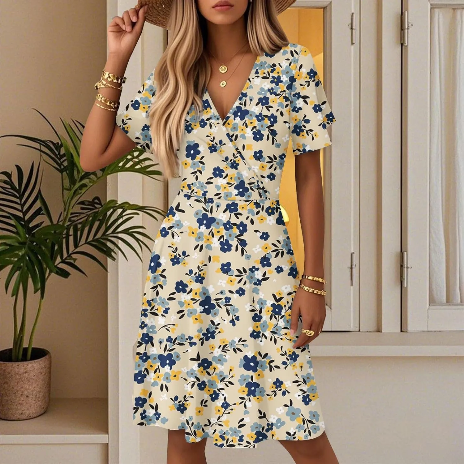 Summer Dress for Women Short Sleeve Warp V Neck Boho Floral Print Casual Ruffled A-Line Flowy Midi Sundress