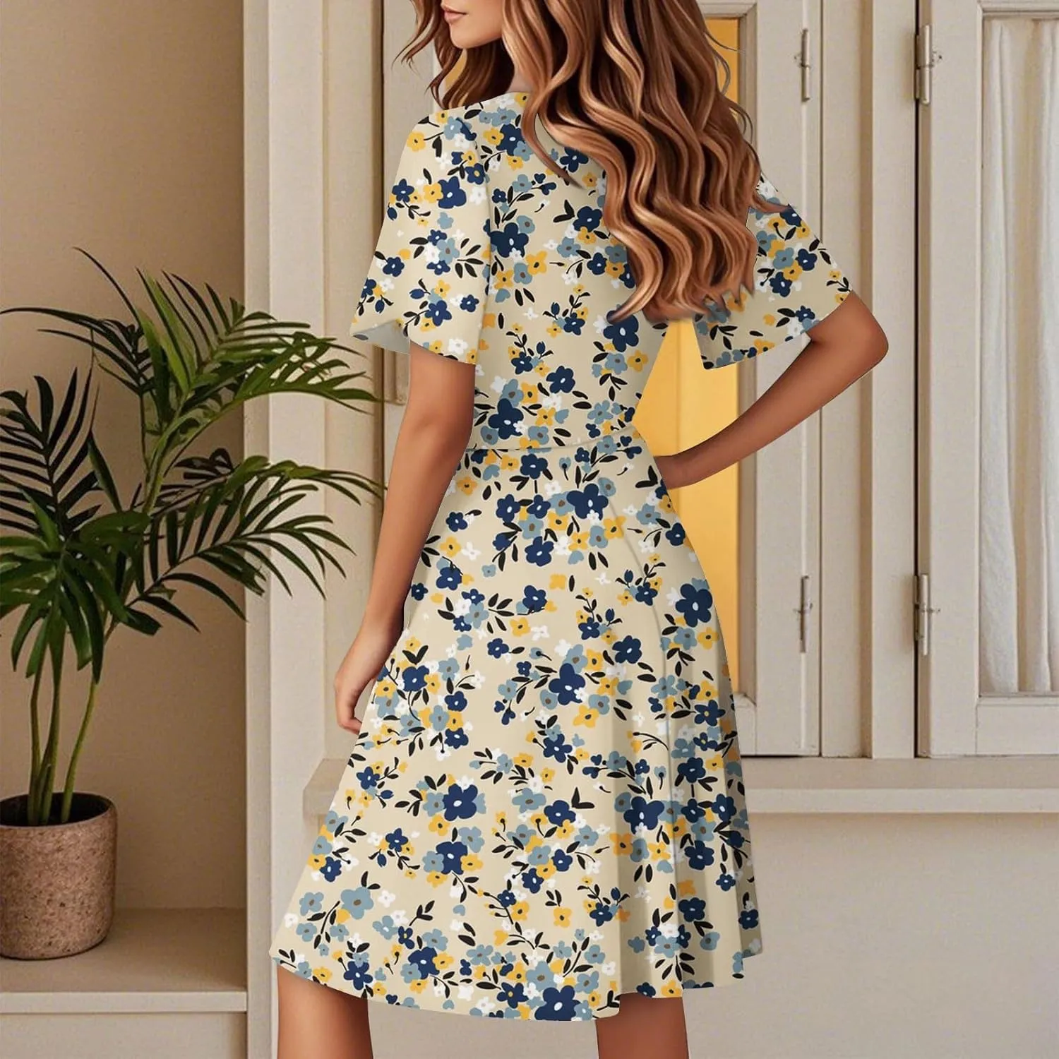 Summer Dress for Women Short Sleeve Warp V Neck Boho Floral Print Casual Ruffled A-Line Flowy Midi Sundress