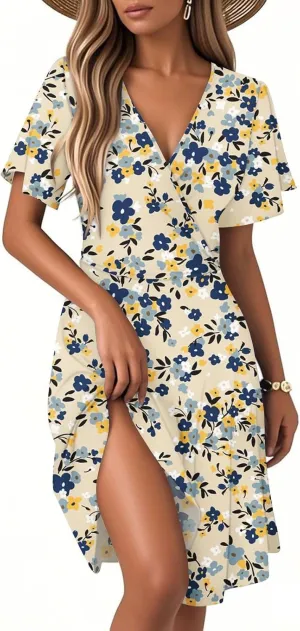 Summer Dress for Women Short Sleeve Warp V Neck Boho Floral Print Casual Ruffled A-Line Flowy Midi Sundress
