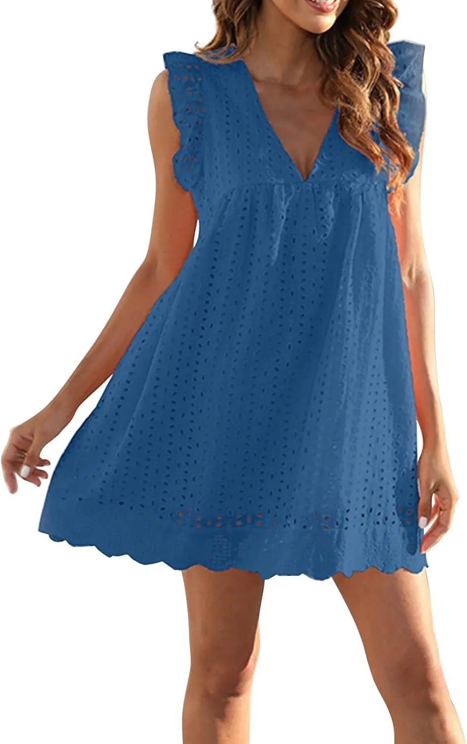Summer Dresses for Women 2024 Casual Sleeveless V Neck Ruffle Beach Vacation Sundresses Cute Flowy Mini Dress