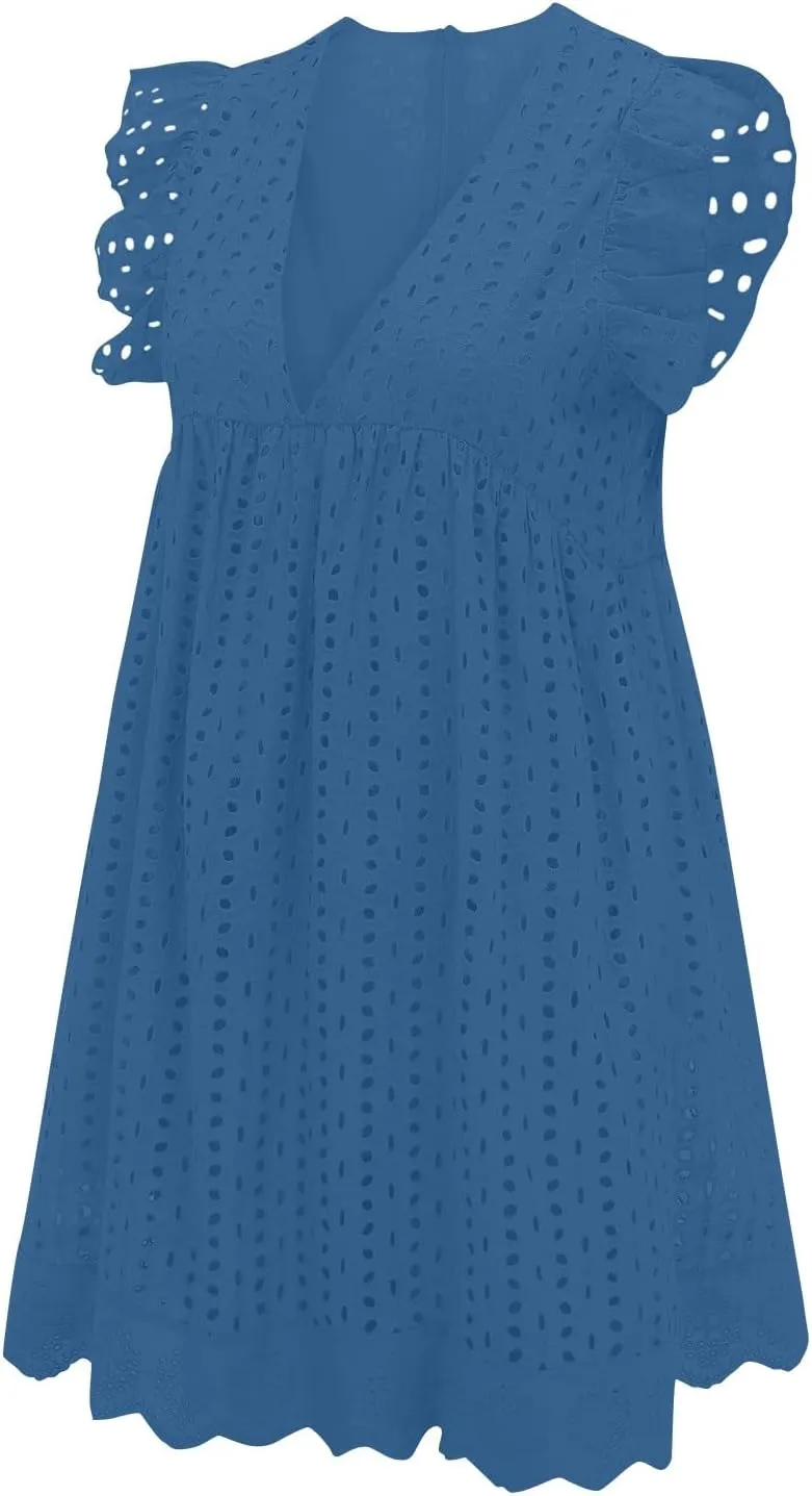 Summer Dresses for Women 2024 Casual Sleeveless V Neck Ruffle Beach Vacation Sundresses Cute Flowy Mini Dress