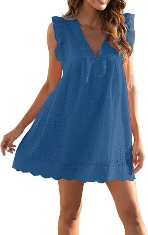 Summer Dresses for Women 2024 Casual Sleeveless V Neck Ruffle Beach Vacation Sundresses Cute Flowy Mini Dress
