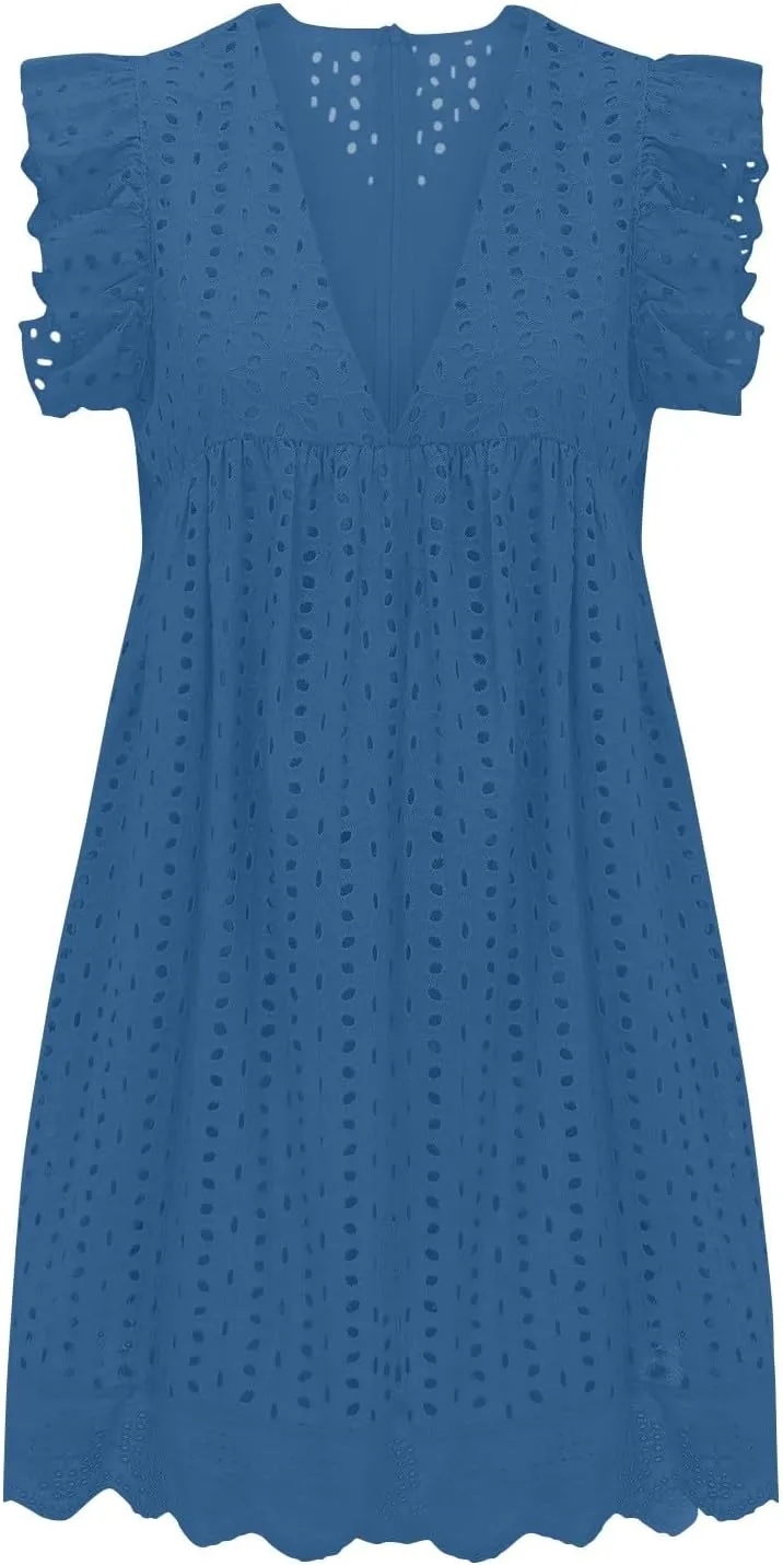 Summer Dresses for Women 2024 Casual Sleeveless V Neck Ruffle Beach Vacation Sundresses Cute Flowy Mini Dress
