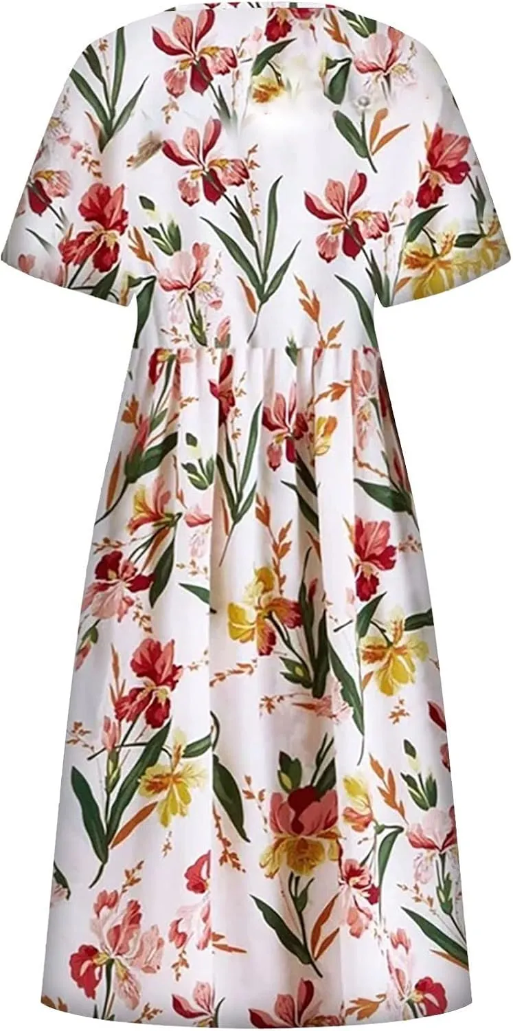Summer Dresses for Women 2024 Womens Button Down Shirt Dress Short Puffy Sleeve Tiered Ruffle Flowy Long Maxi Dresses