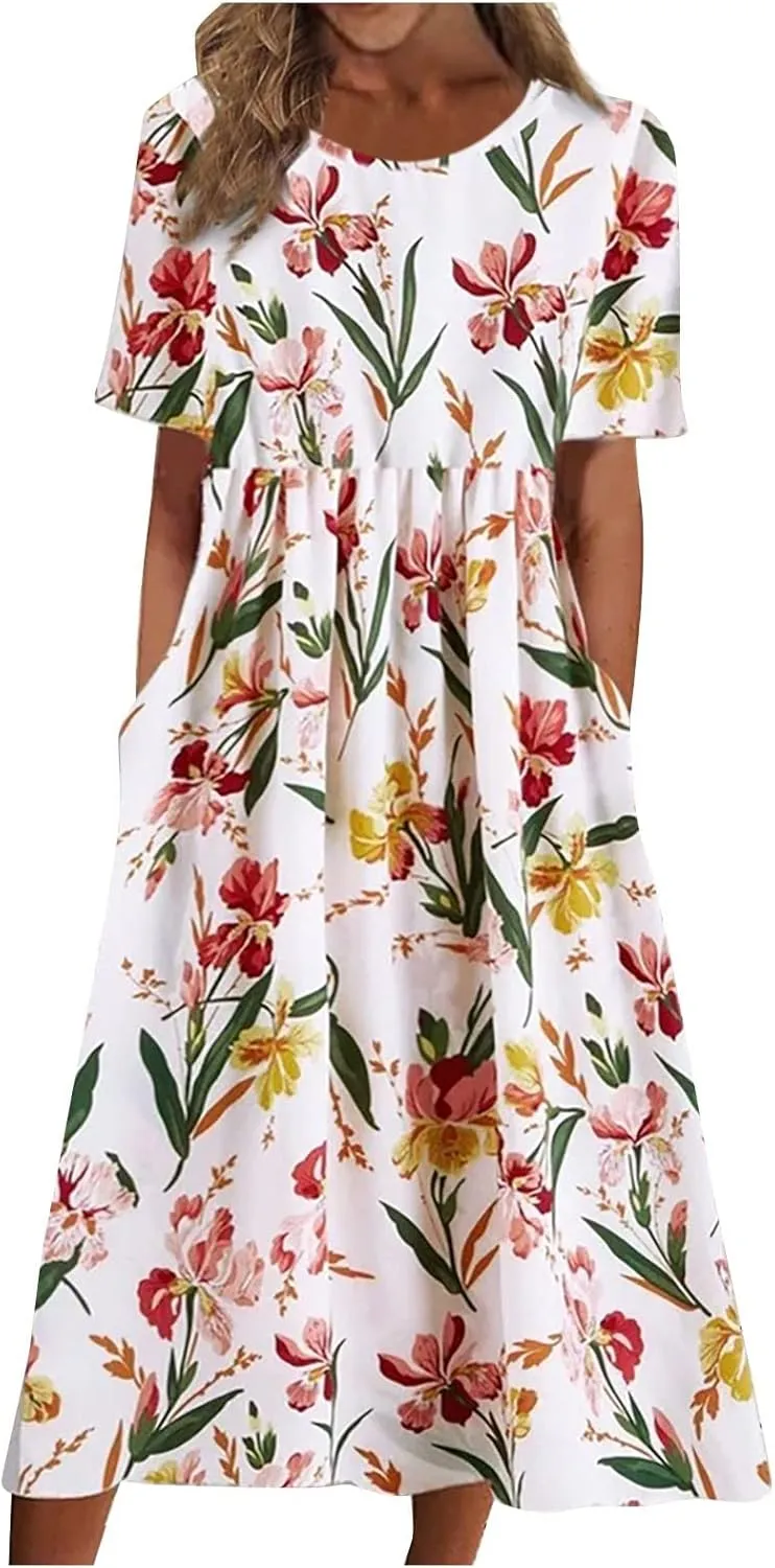 Summer Dresses for Women 2024 Womens Button Down Shirt Dress Short Puffy Sleeve Tiered Ruffle Flowy Long Maxi Dresses