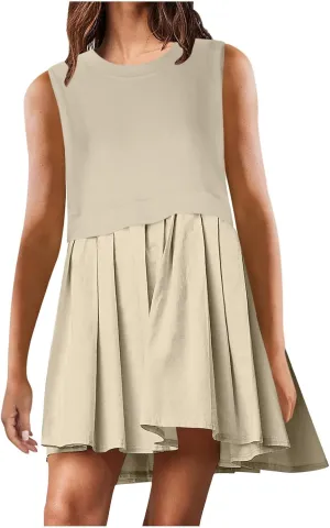 Summer Dresses for Women 2025 Casual Crew Neck Sleeveless Tank Mini Dress Color Block Ruffle Flowy Sundresses