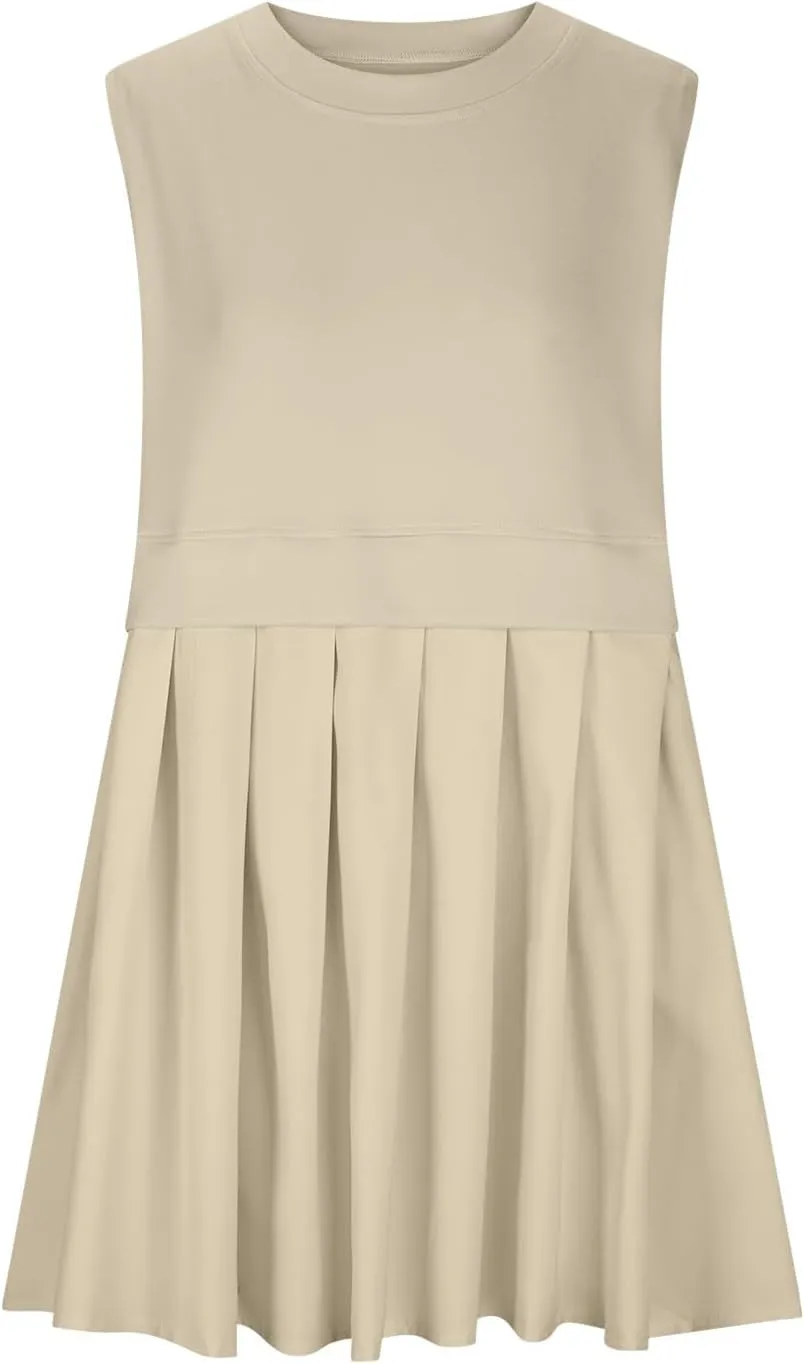 Summer Dresses for Women 2025 Casual Crew Neck Sleeveless Tank Mini Dress Color Block Ruffle Flowy Sundresses