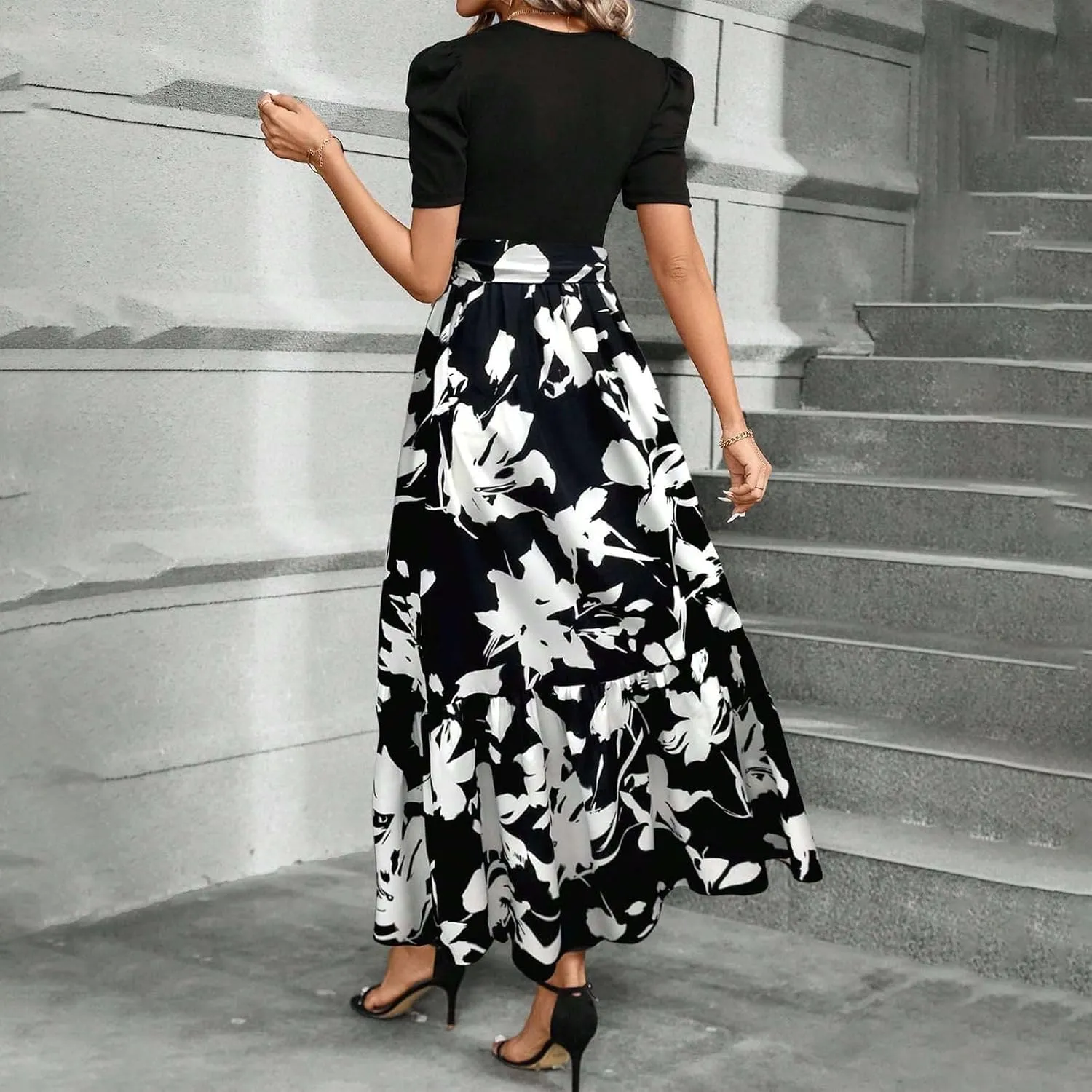 Summer Dresses for Women 2025 Floral Print Wrap Short Sleeve Maxi Dress Patchwork Ruffle Hem A Line Dress