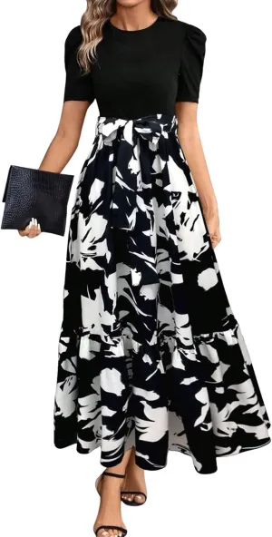 Summer Dresses for Women 2025 Floral Print Wrap Short Sleeve Maxi Dress Patchwork Ruffle Hem A Line Dress