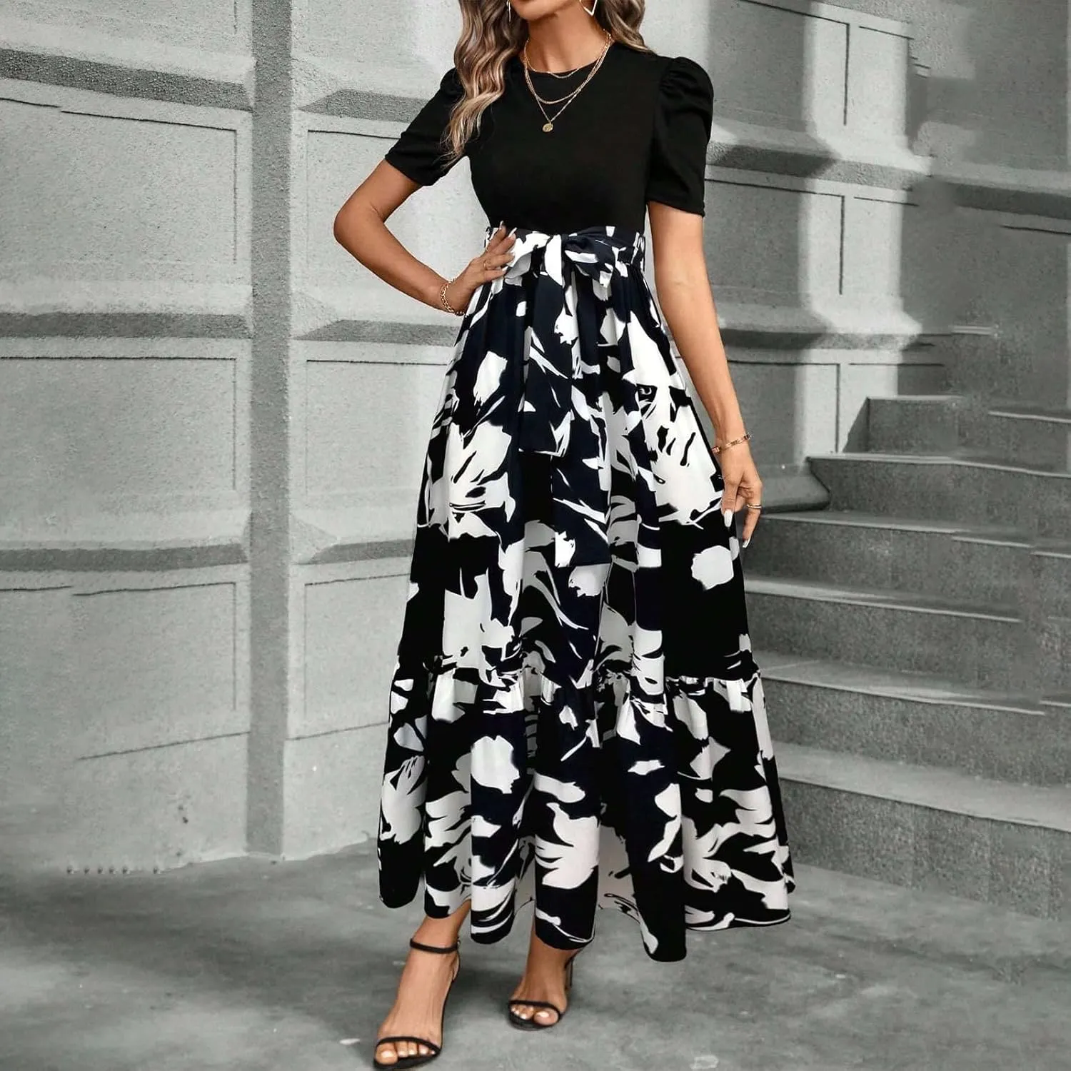 Summer Dresses for Women 2025 Floral Print Wrap Short Sleeve Maxi Dress Patchwork Ruffle Hem A Line Dress