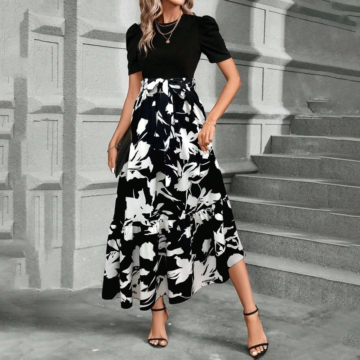 Summer Dresses for Women 2025 Floral Print Wrap Short Sleeve Maxi Dress Patchwork Ruffle Hem A Line Dress