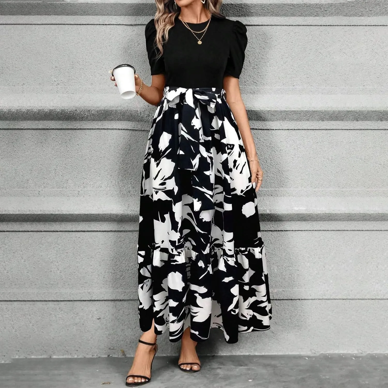 Summer Dresses for Women 2025 Floral Print Wrap Short Sleeve Maxi Dress Patchwork Ruffle Hem A Line Dress