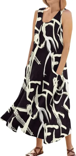 Summer Dresses for Women 2025 Linen Plus Size Tank Sundresses Beach Vacation Sleeveless Floral Dress with Pockets