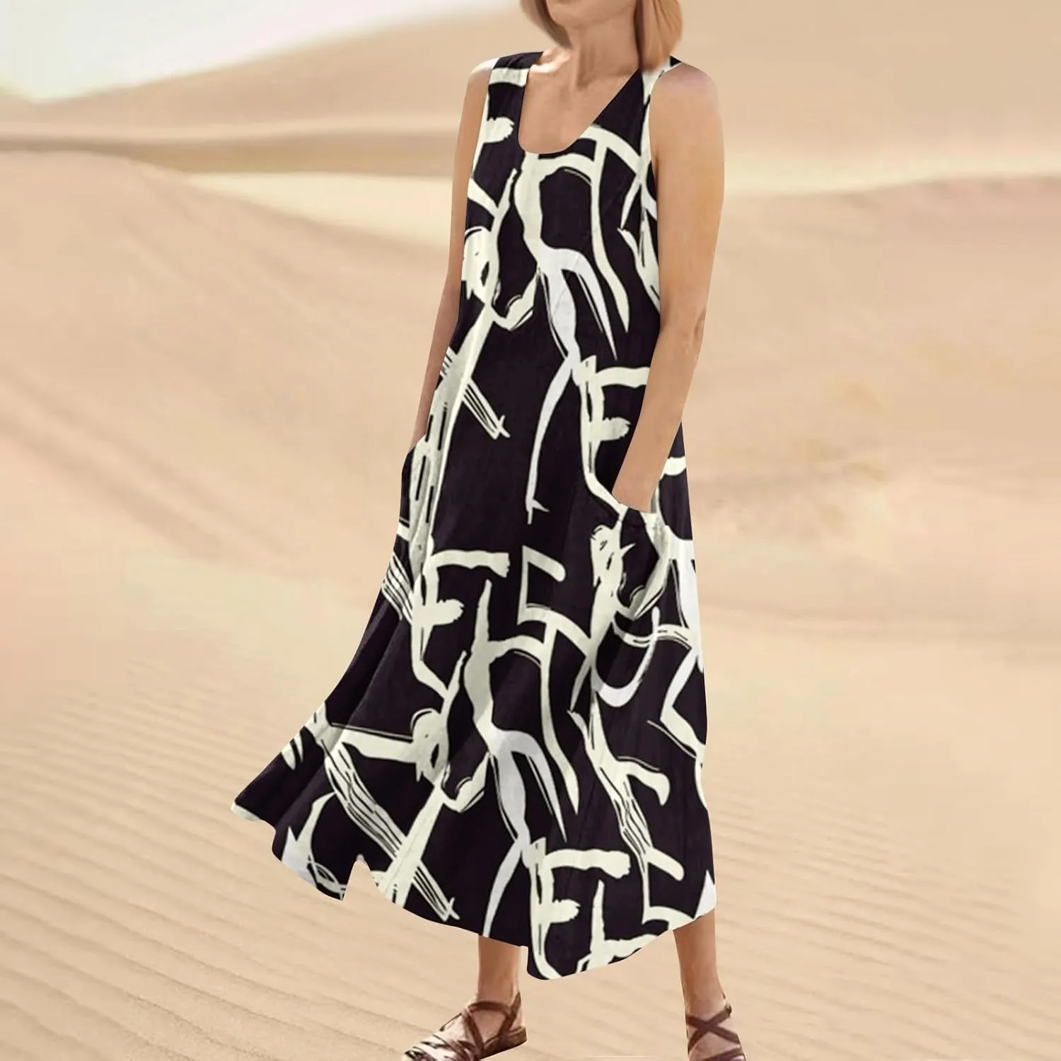 Summer Dresses for Women 2025 Linen Plus Size Tank Sundresses Beach Vacation Sleeveless Floral Dress with Pockets