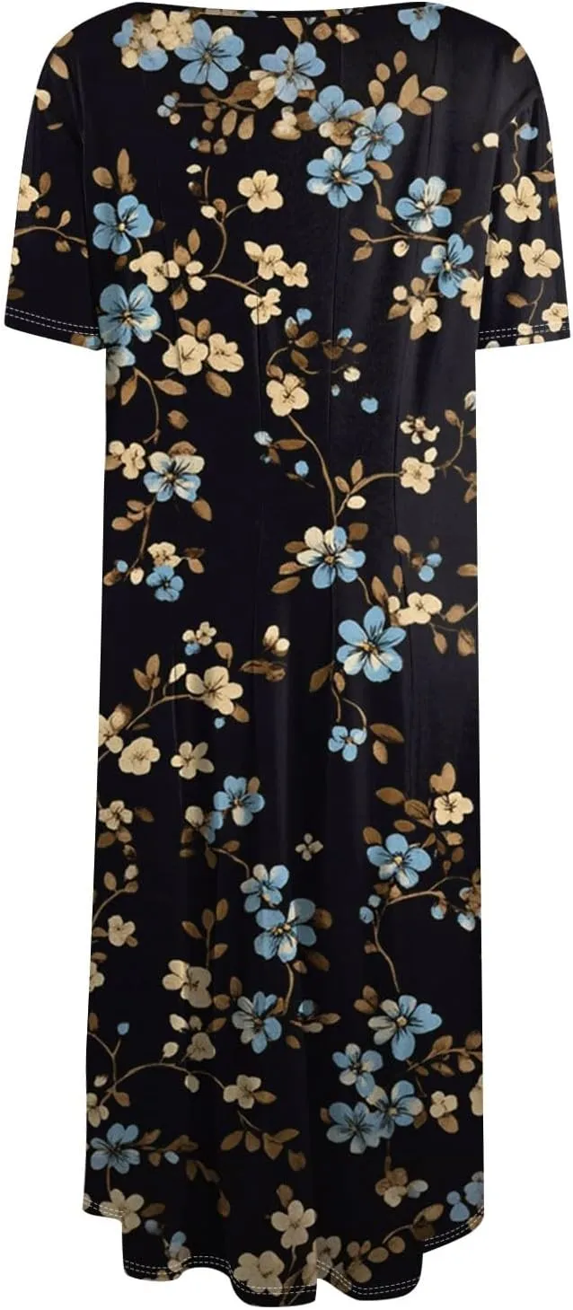 Summer Dresses for Women 2025 Midi Short Sleeve Round Neck Floral Elegant Pleated with Side Pocket A Line Sundresses