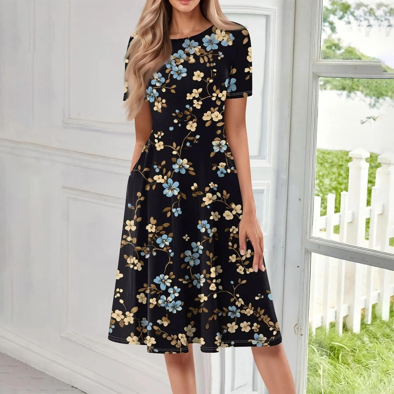 Summer Dresses for Women 2025 Midi Short Sleeve Round Neck Floral Elegant Pleated with Side Pocket A Line Sundresses