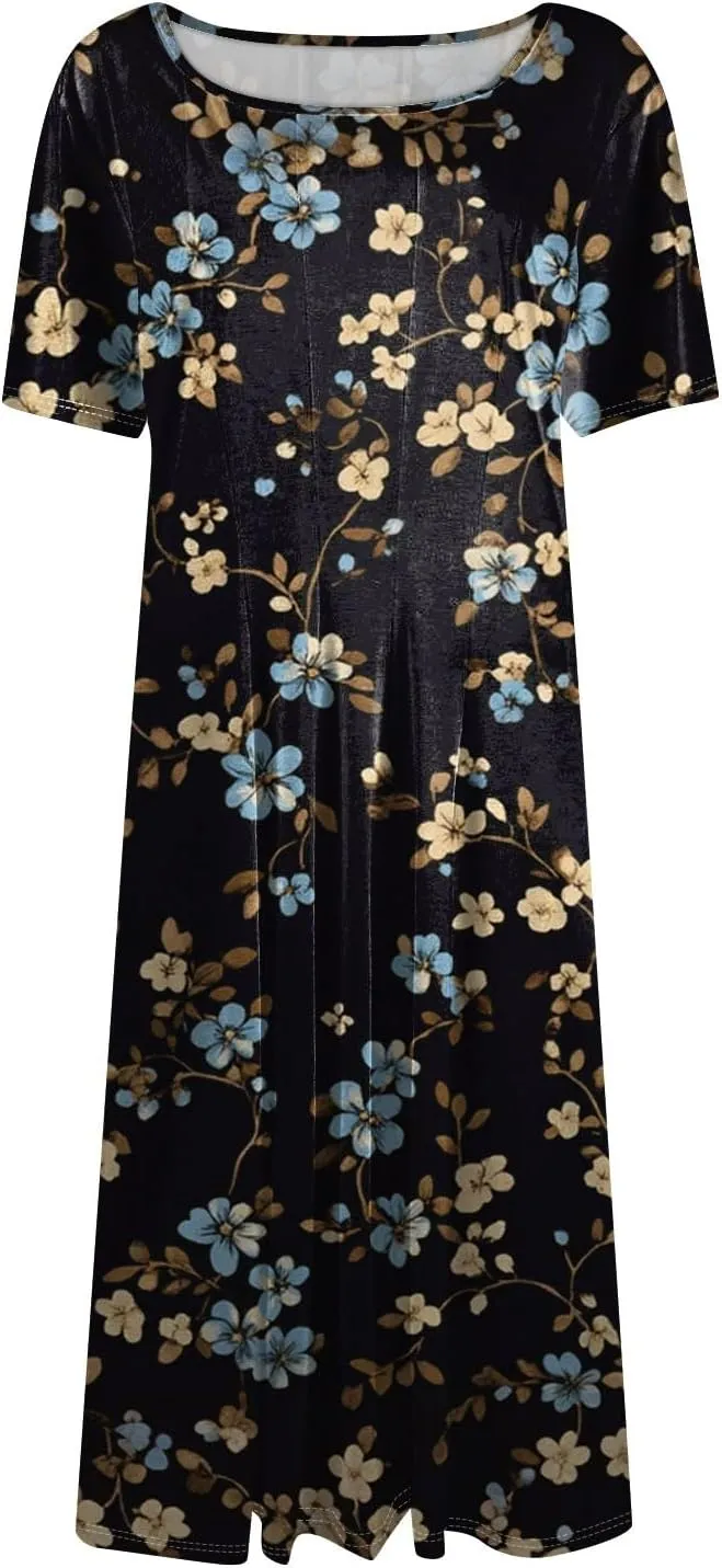 Summer Dresses for Women 2025 Midi Short Sleeve Round Neck Floral Elegant Pleated with Side Pocket A Line Sundresses